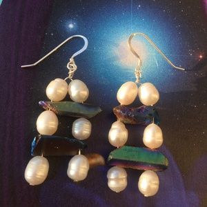 Seaside fairy moon and sea crystal freshwater pearl handmade earrings sterling